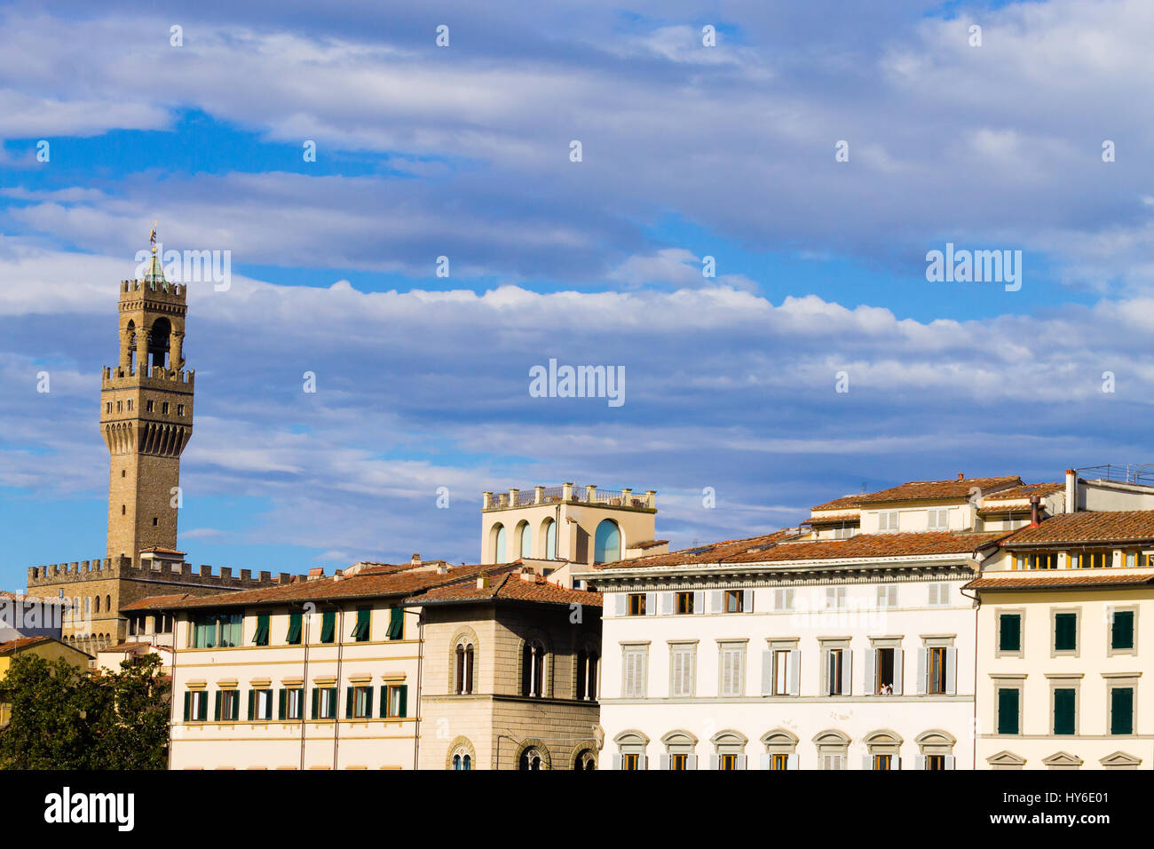 Old Palace bell tower detail view, Florence, Italian panorama. Palazzo vecchio bell tower Stock Photo