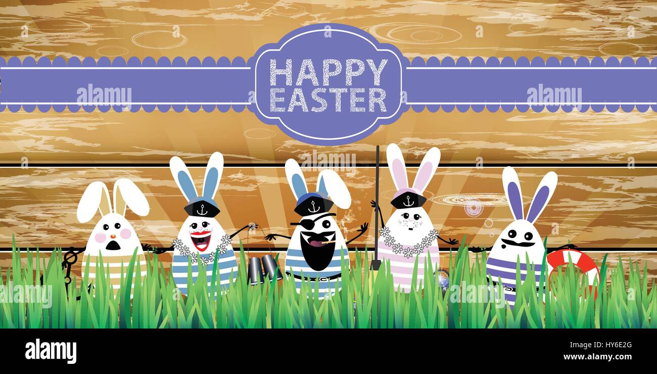Easter. Rabbit-eggs with funny cute faces in the grass. On a wooden fence background. Sailors five pieces with a captain at the head. Illustration for Stock Vector