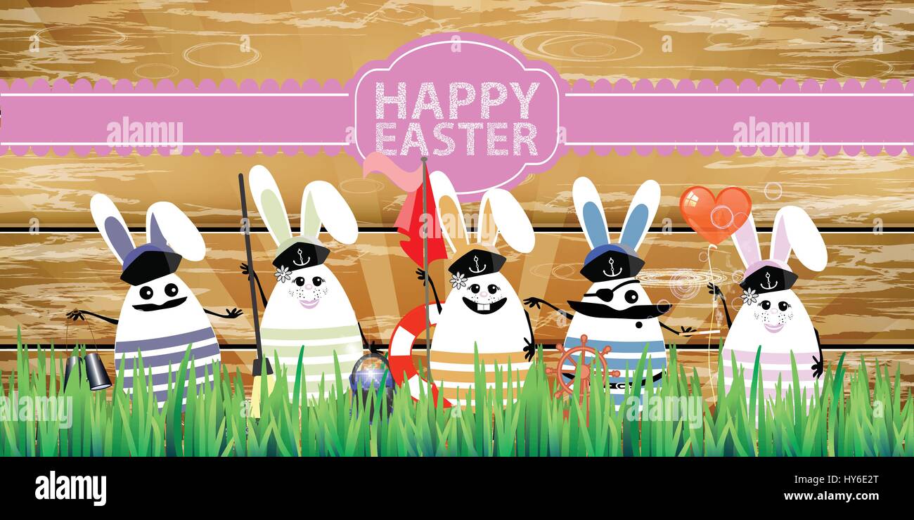 Easter. Rabbit-eggs with funny cute faces in the grass. On a wooden fence background. Sailors five pieces with a flag at the head. Illustration for yo Stock Vector