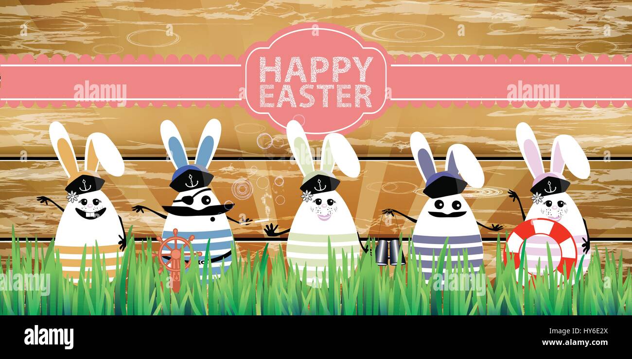 Easter. Rabbit-eggs with funny cute faces in the grass. On a wooden fence background. Sailors five pieces. Illustration for your design Stock Vector