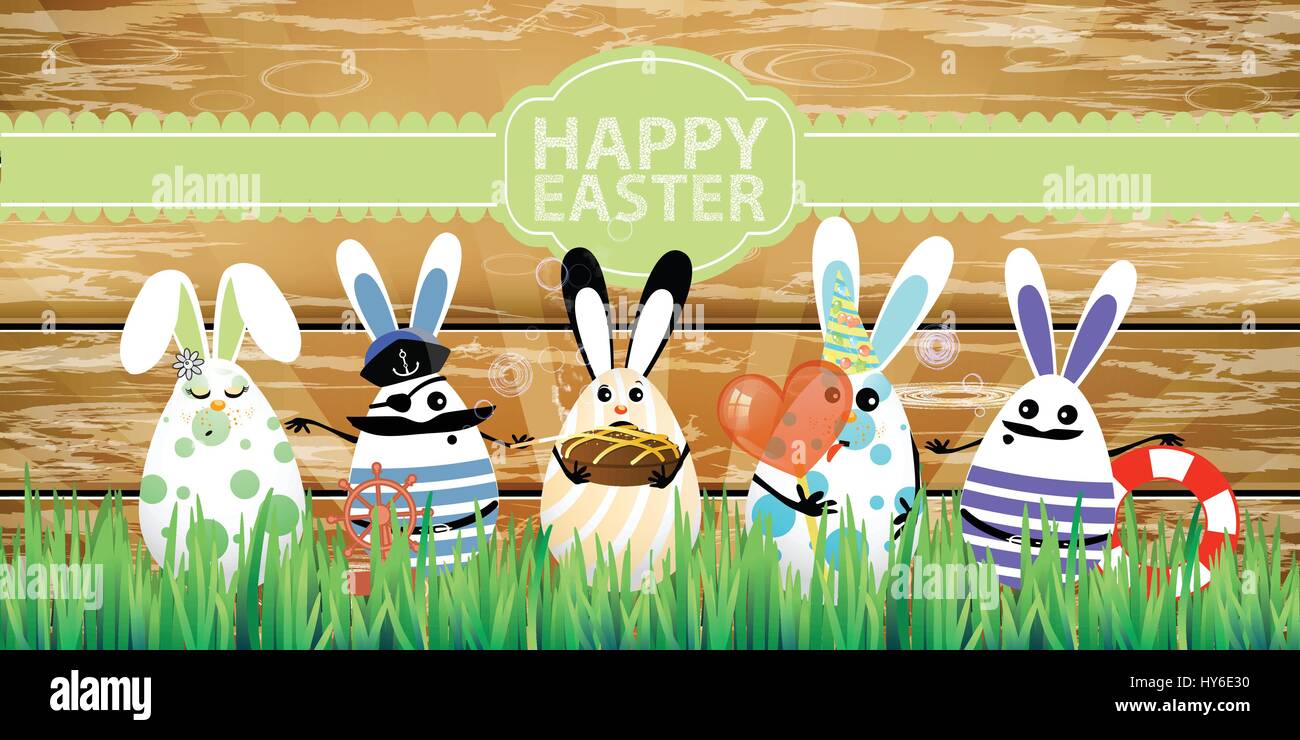 Easter. Rabbit-eggs with funny cute faces in the grass. On a wooden fence background. Holiday with candy sailors. Inscription on a green ribbon. Illus Stock Vector