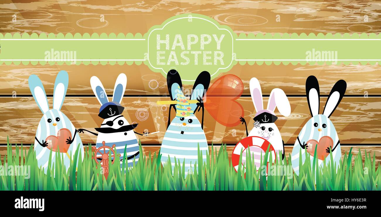 Easter. Rabbit-eggs with funny cute faces in the grass. On a wooden fence background. In the hands of the flag and lifebuoys sailors. Illustration for Stock Vector