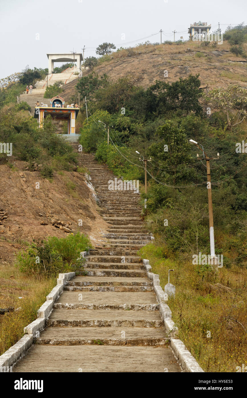 Stairway to a Hindi temple near Ettimadai, Southern India Stock Photo