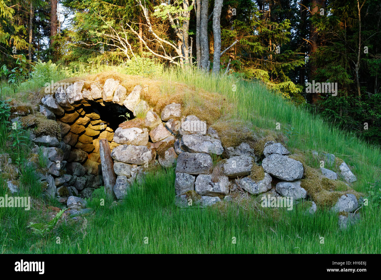 Stone hideout near the east coastal road in Sweden Stock Photo