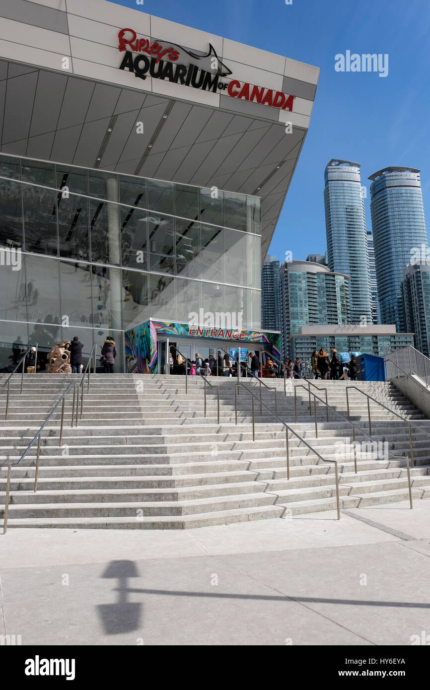 Ripley's Aquarium of Canada entrance, front view, tourists, visitors, ticket line stading outside, downtown Toronto, Ontario, Canada. Stock Photo