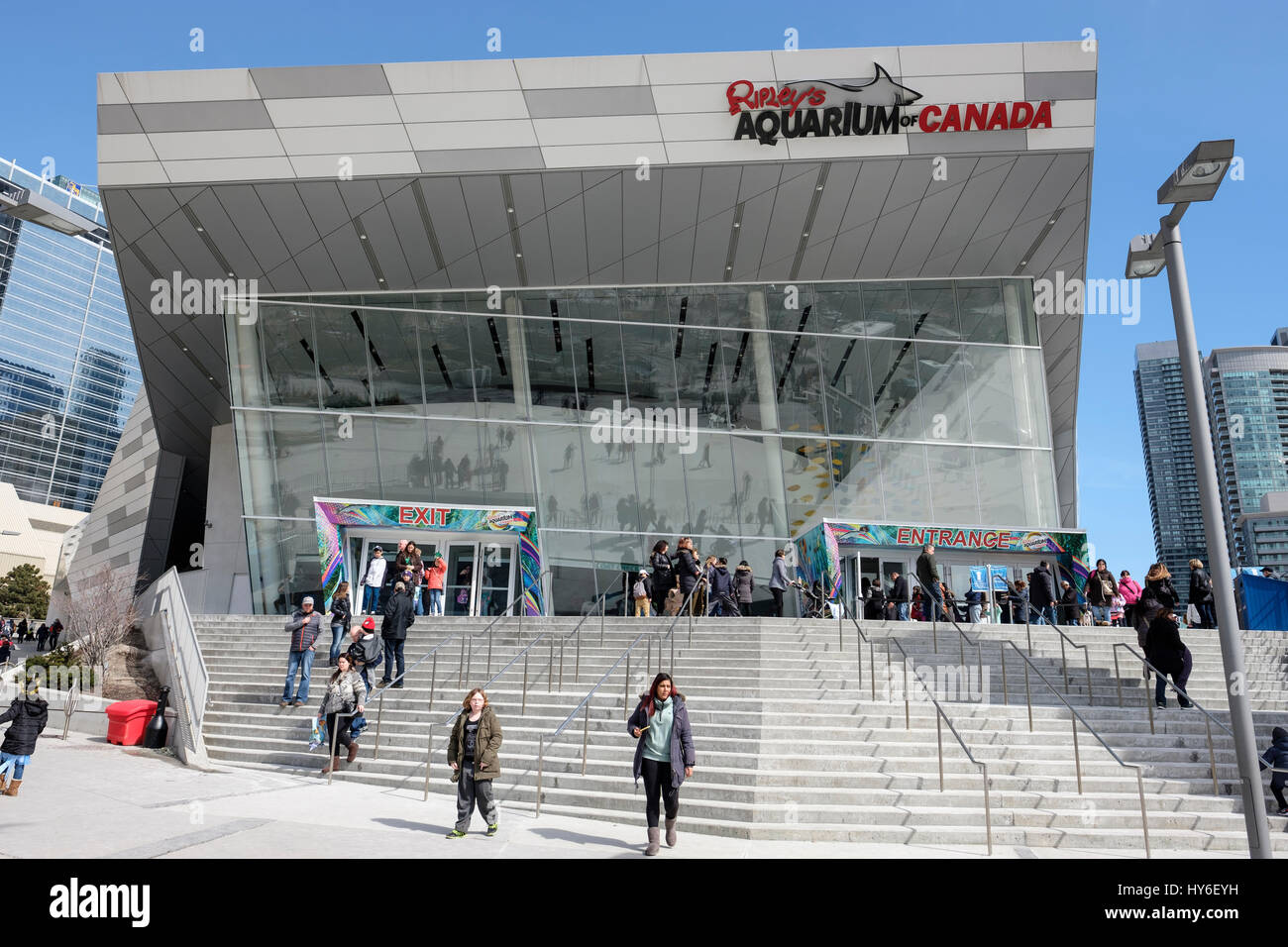 Ripley's Aquarium of Canada entrance, front view, tourists, visitors, ticket line stading outside, downtown Toronto, Ontario, Canada. Stock Photo