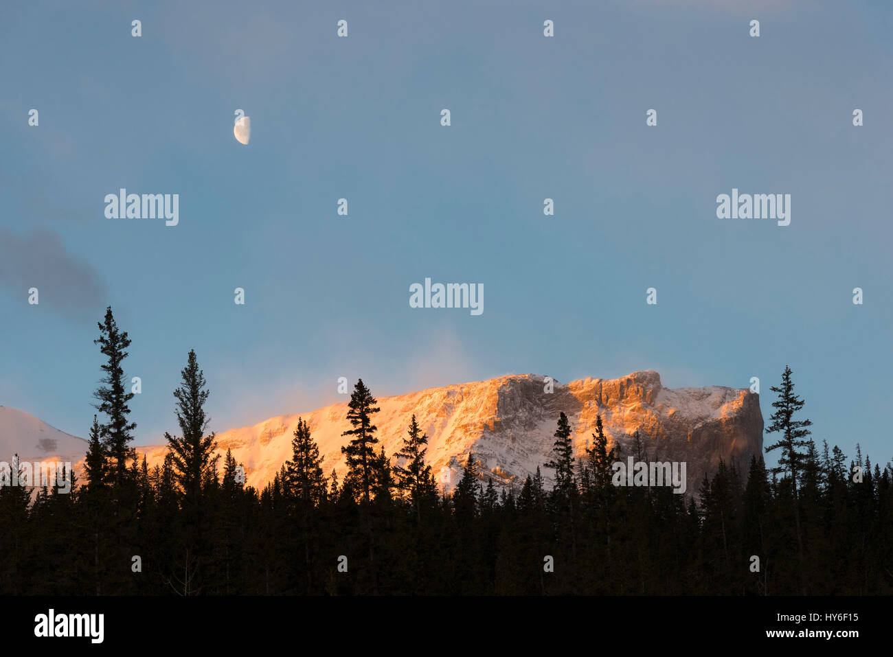 Roche Miette and the moon Stock Photo