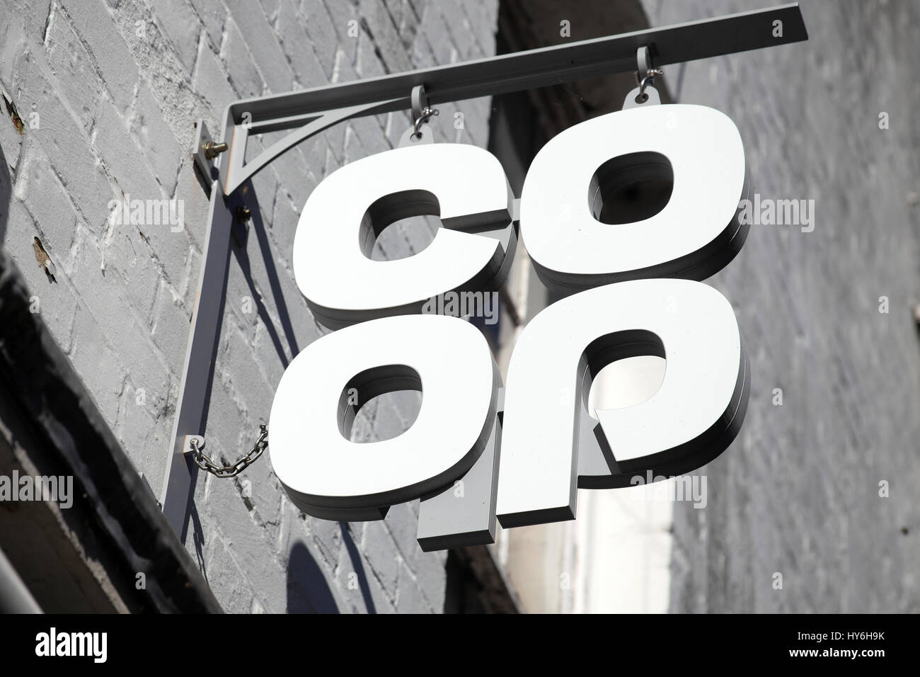 Carmarthen, Wales, UK, October 22, 2016 :  Co Op logo advertising sign outside one of  its retail supermarket stores in the city centre Stock Photo