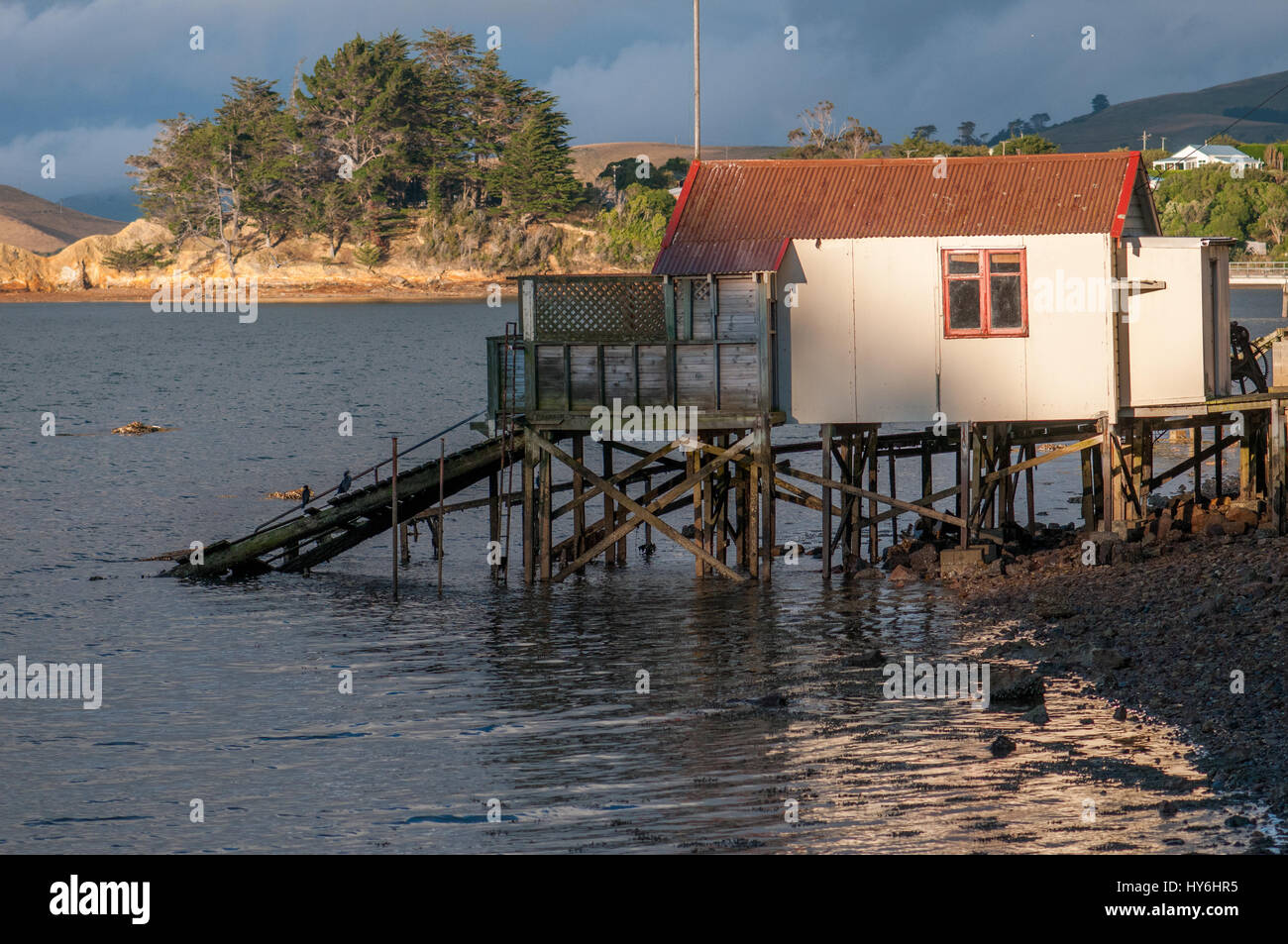 Boat houses at Otago Peninsula and Otago Harbour during sunset east of