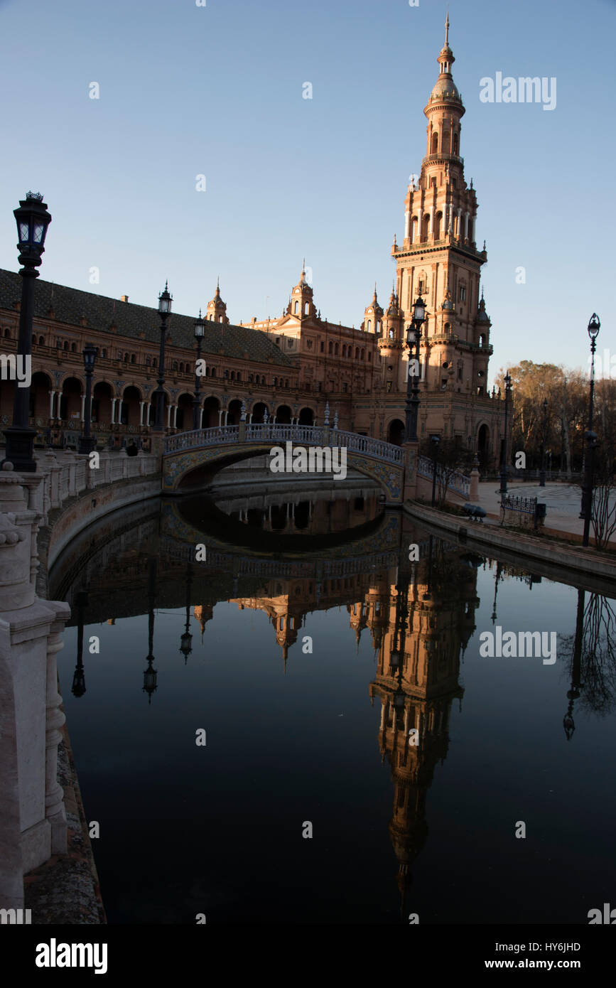 The semi-circle frontage of the Plaza de Espana, a popular tourist venue in Seville, Spain.   The site is the biggest construction of the Iberian- Ame Stock Photo