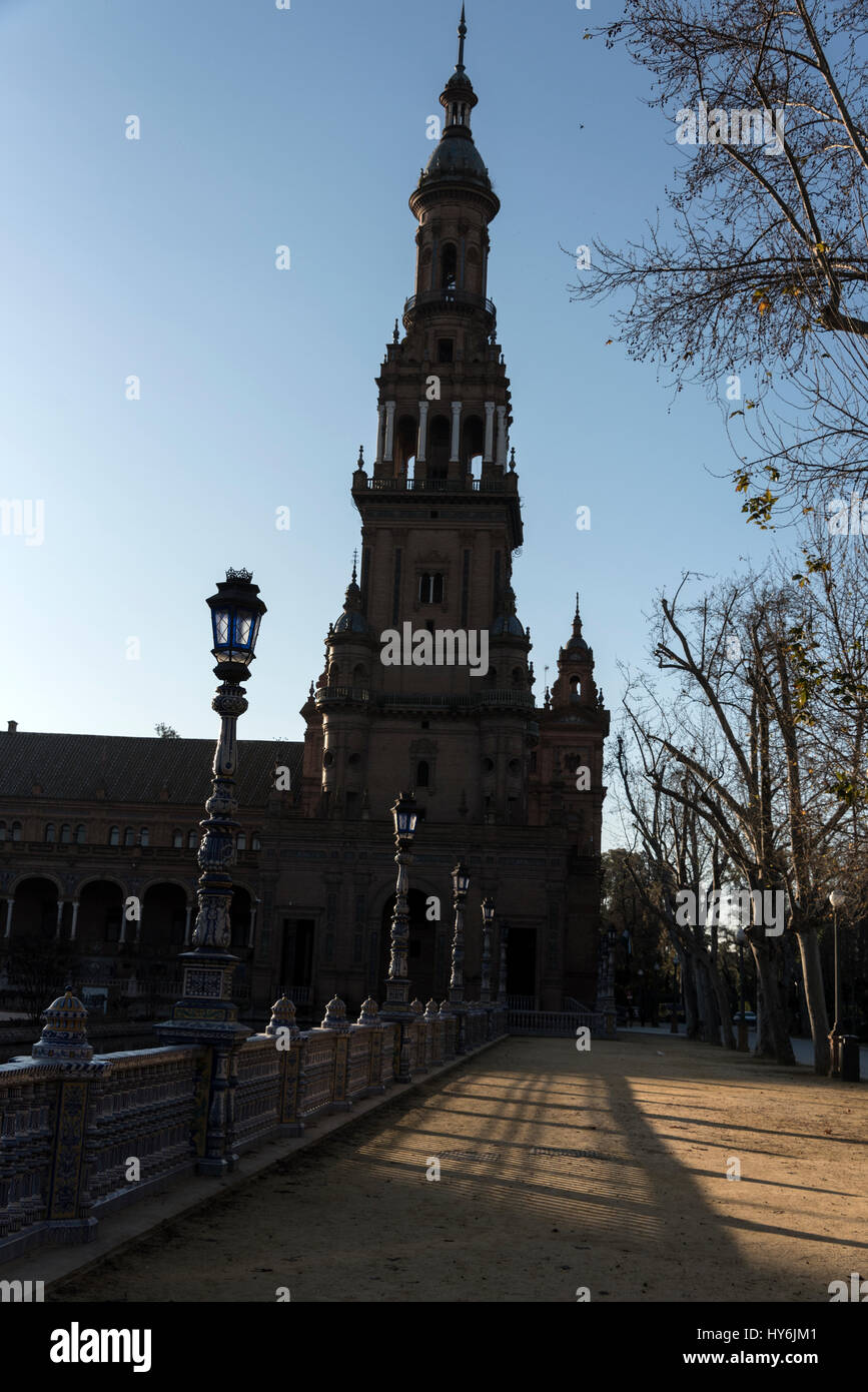 The semi-circle frontage of the Plaza de Espana, a popular tourist venue in Seville, Spain.   The site is the biggest construction of the Iberian- Ame Stock Photo
