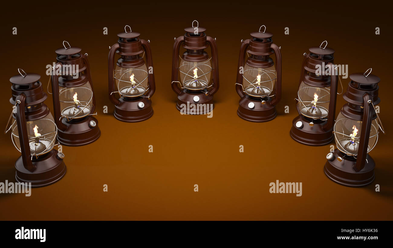 Burning kerosene lamp background, concept lighting. 3d rendering Stock