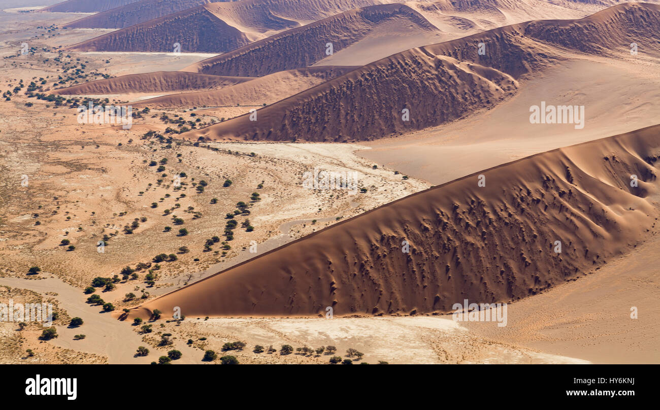 Airwiew of the dunes and sourounding region of the Sossusvlei. Here you find the worlds highes sand dunes. Located in Namib Naukluft Park, Namibia, Af Stock Photo