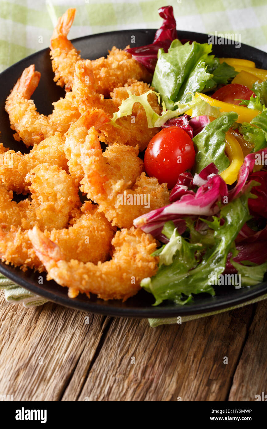 Japanese Cuisine - Tempura Shrimps (Deep Fried Shrimps) with Vegetables close-up. Vertical Stock Photo