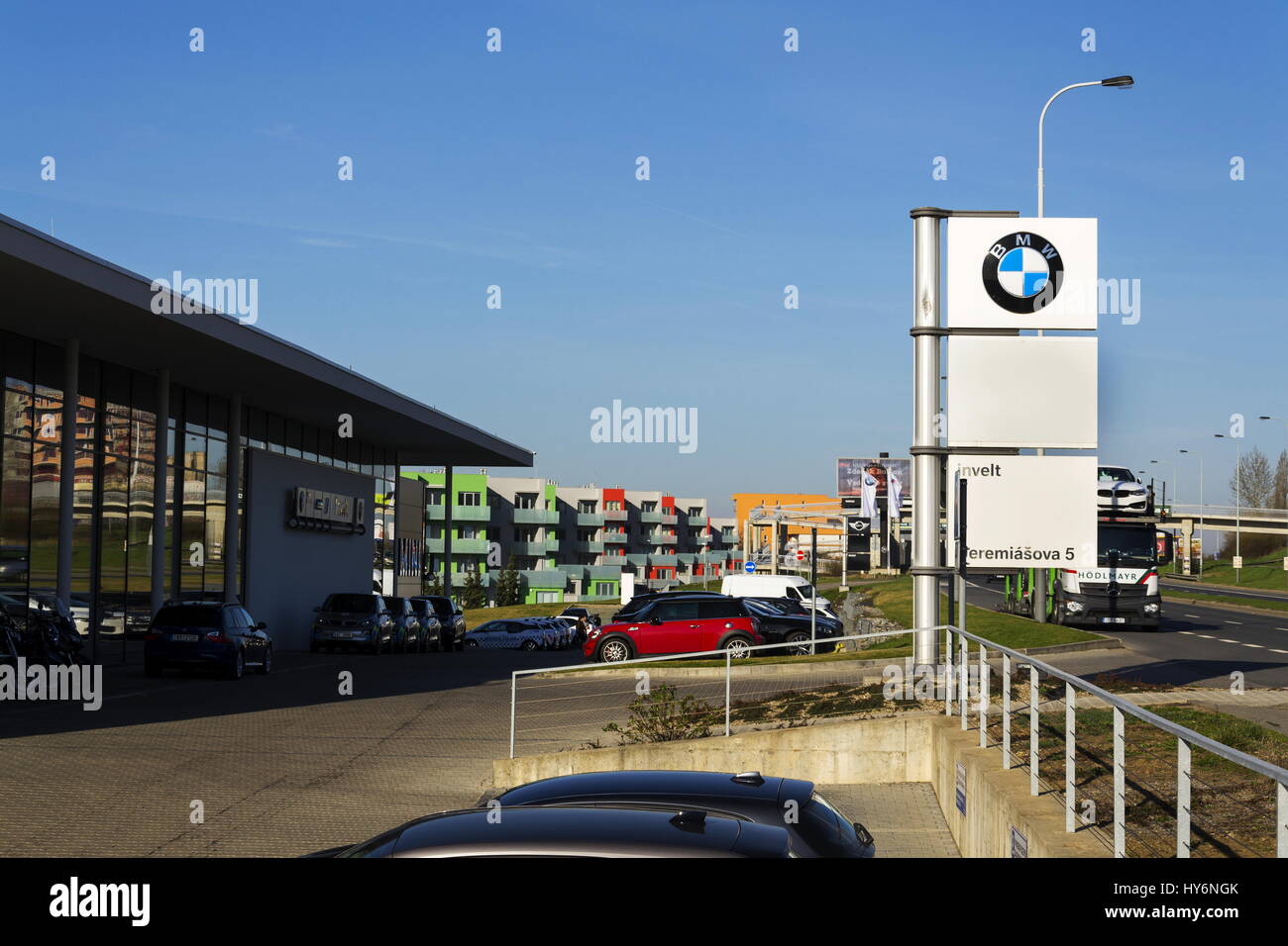 PRAGUE, CZECH REPUBLIC - MARCH 31: BMW car company logo in front of dealership building on March 31, 2017 in Prague, Czech republic. UK BMW workers ba Stock Photo