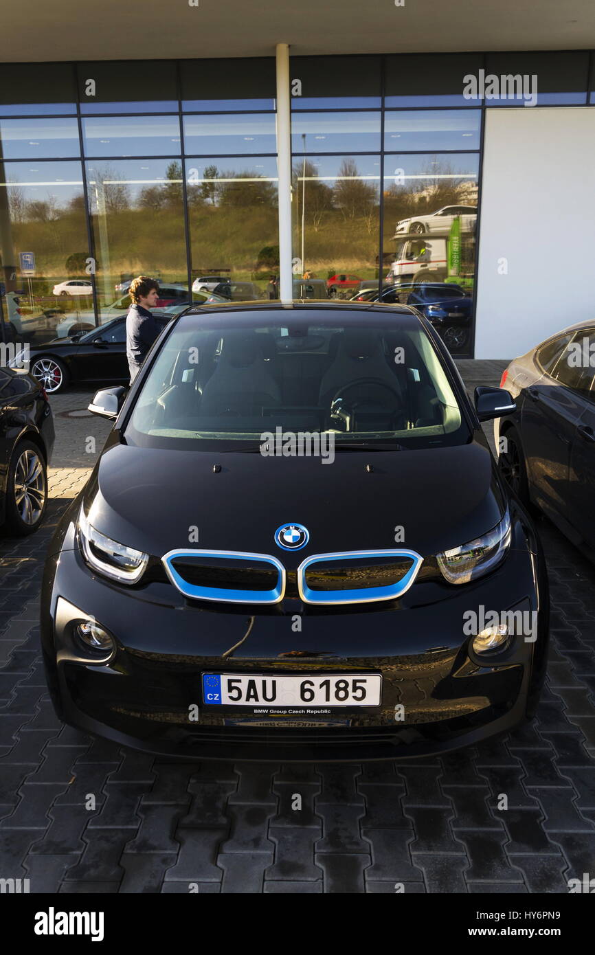PRAGUE, CZECH REPUBLIC - MARCH 31: BMW i3 car company logo in front of dealership building on March 31, 2017 in Prague, Czech republic. UK BMW workers Stock Photo