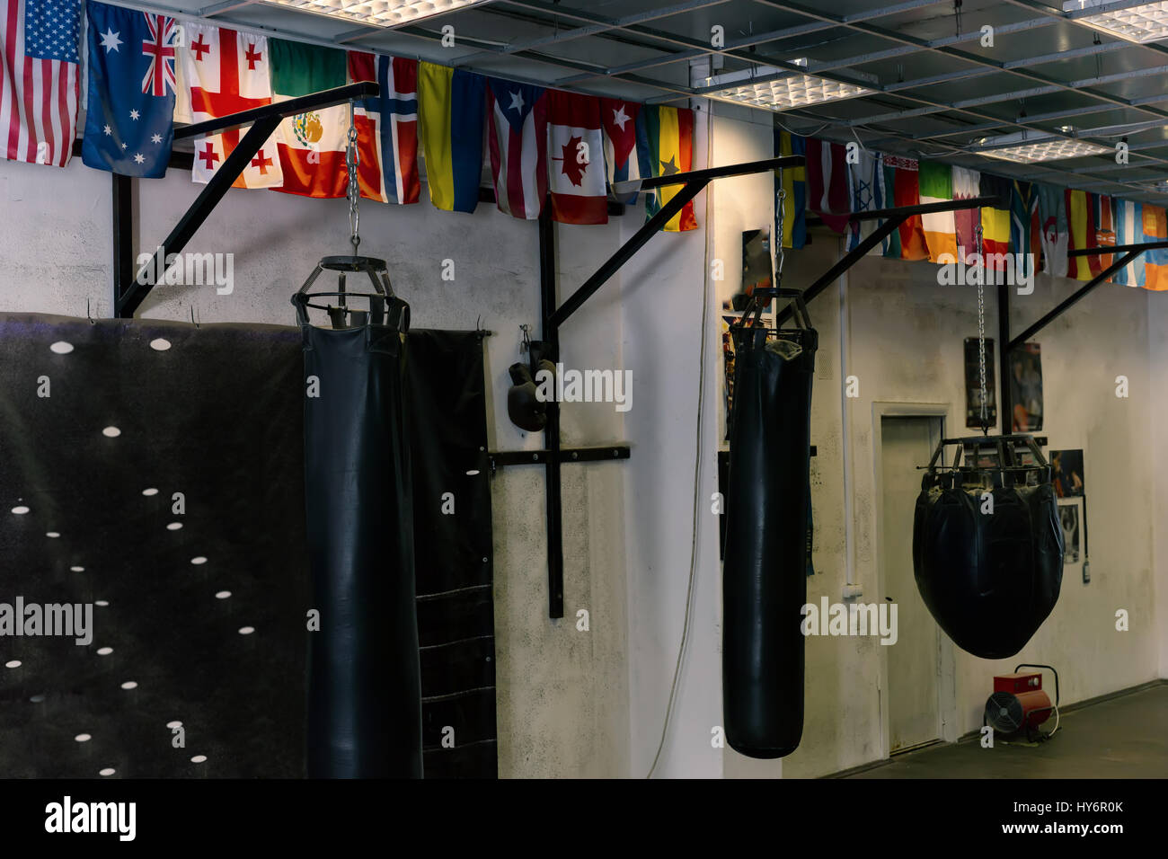 Empty boxing area in the fitness club with old sport equipment Stock Photo