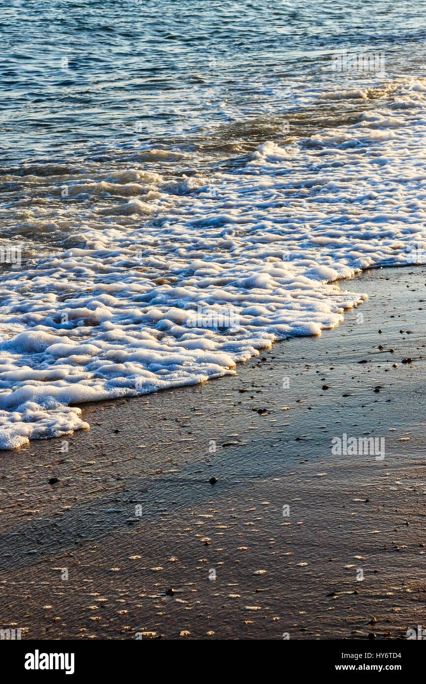 Close up of surf breaking on a sandy beach at evening time, a long shadow in the foreground, Ringstead Bay, Dorset, England, UK Stock Photo