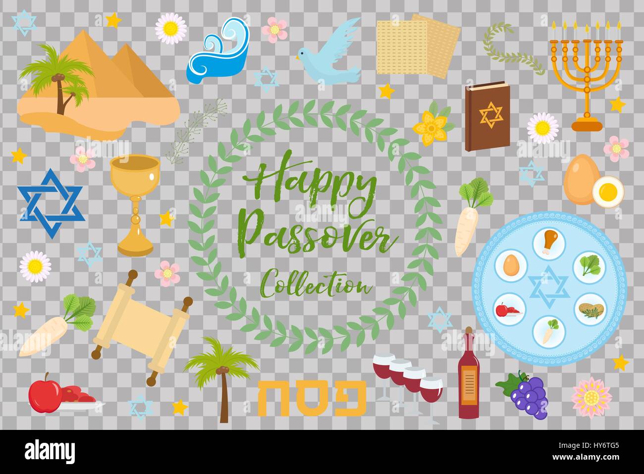 Passover icons set. flat, cartoon style. Jewish holiday of exodus Egypt. Collection with Seder plate, meal, matzah, wine, torus, pyramid. Isolated on white background Vector illustration. Stock Vector