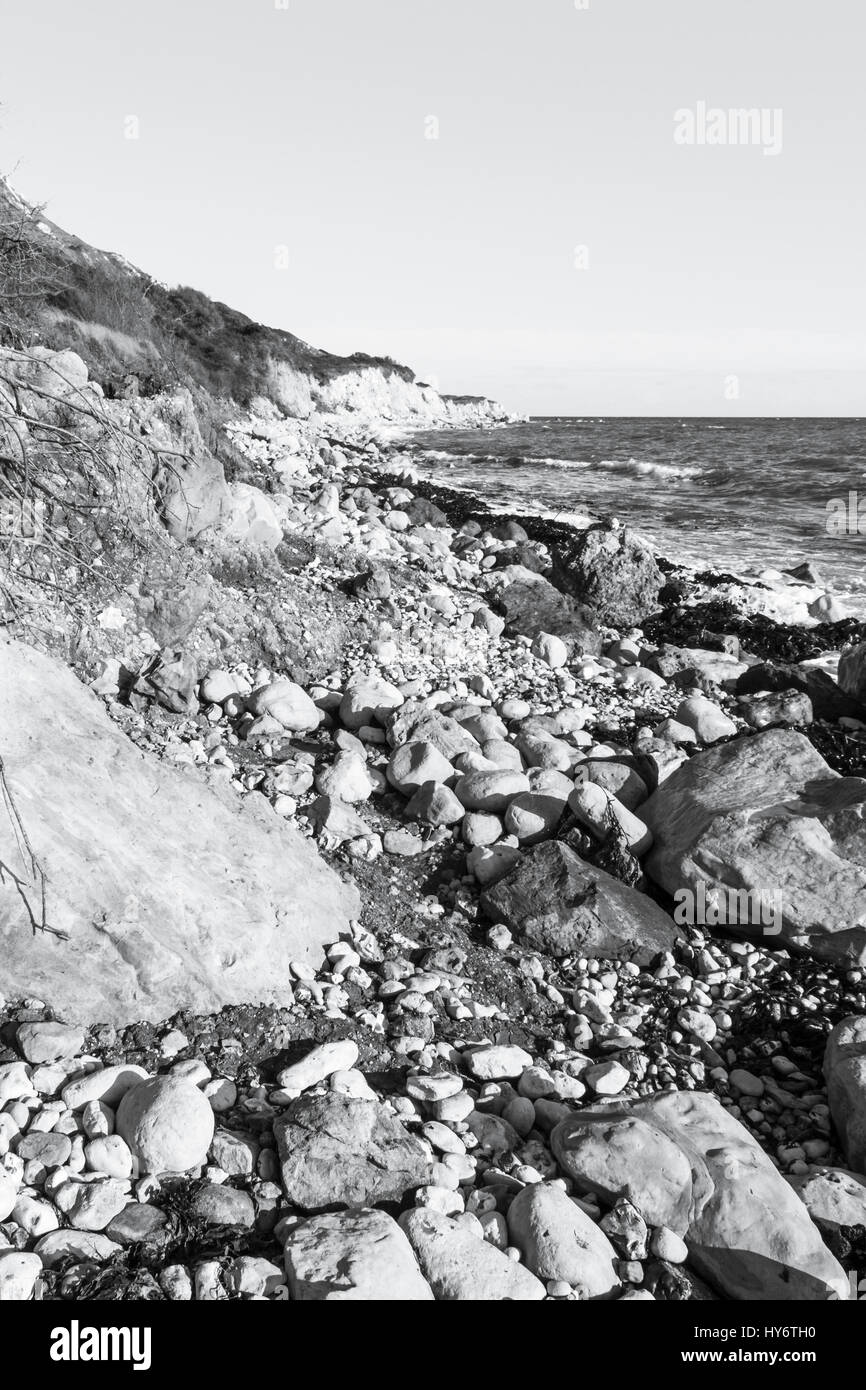 Black and white image of the stony and rocky shore of the Burning Cliff headland at Ringstead Bay, Dorset, England, UK Stock Photo