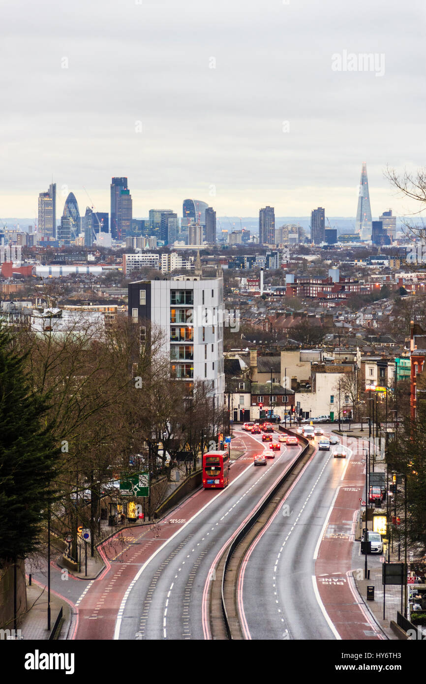 View South along Archway Road to the City of London, from Hornsey Lane Bridge, North Islington, London, UK Stock Photo