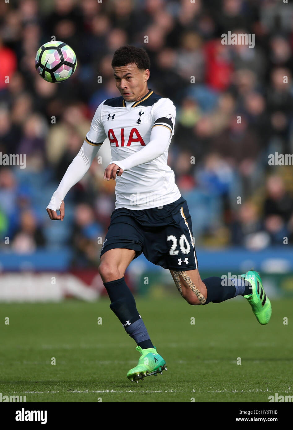 Tottenham Hotspur's Dele Alli during the Premier League match at Turf Moor, Burnley. PRESS ASSOCIATION Photo. Picture date: Saturday April 1, 2017. See PA story SOCCER Burnley. Photo credit should read: Nick Potts/PA Wire. RESTRICTIONS: No use with unauthorised audio, video, data, fixture lists, club/league logos or 'live' services. Online in-match use limited to 75 images, no video emulation. No use in betting, games or single club/league/player publications. Stock Photo