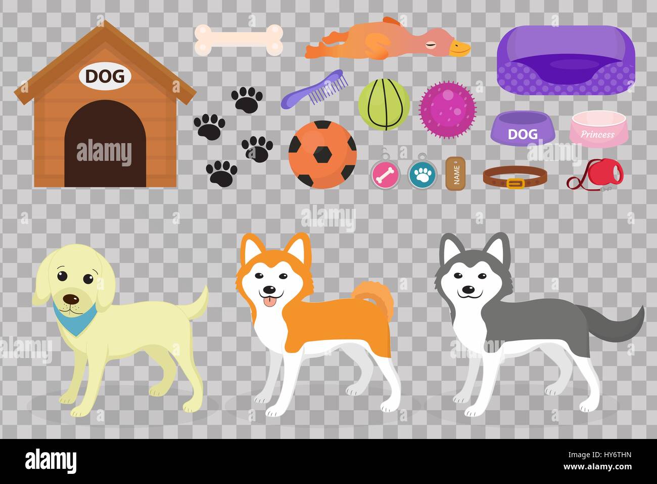 Dogs stuff icon set with accessories for pets, flat style, isolated on white background. Domestic animals collection with a Husky, akita inu, lablador. Puppy toy. Vector illustration, clip art. Stock Vector