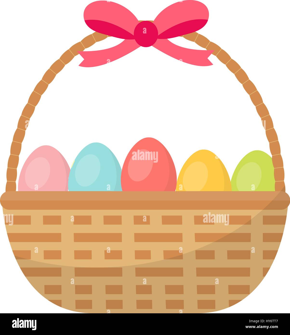 Basket with painted eggs. Easter basket icon, flat style. Isolated on
