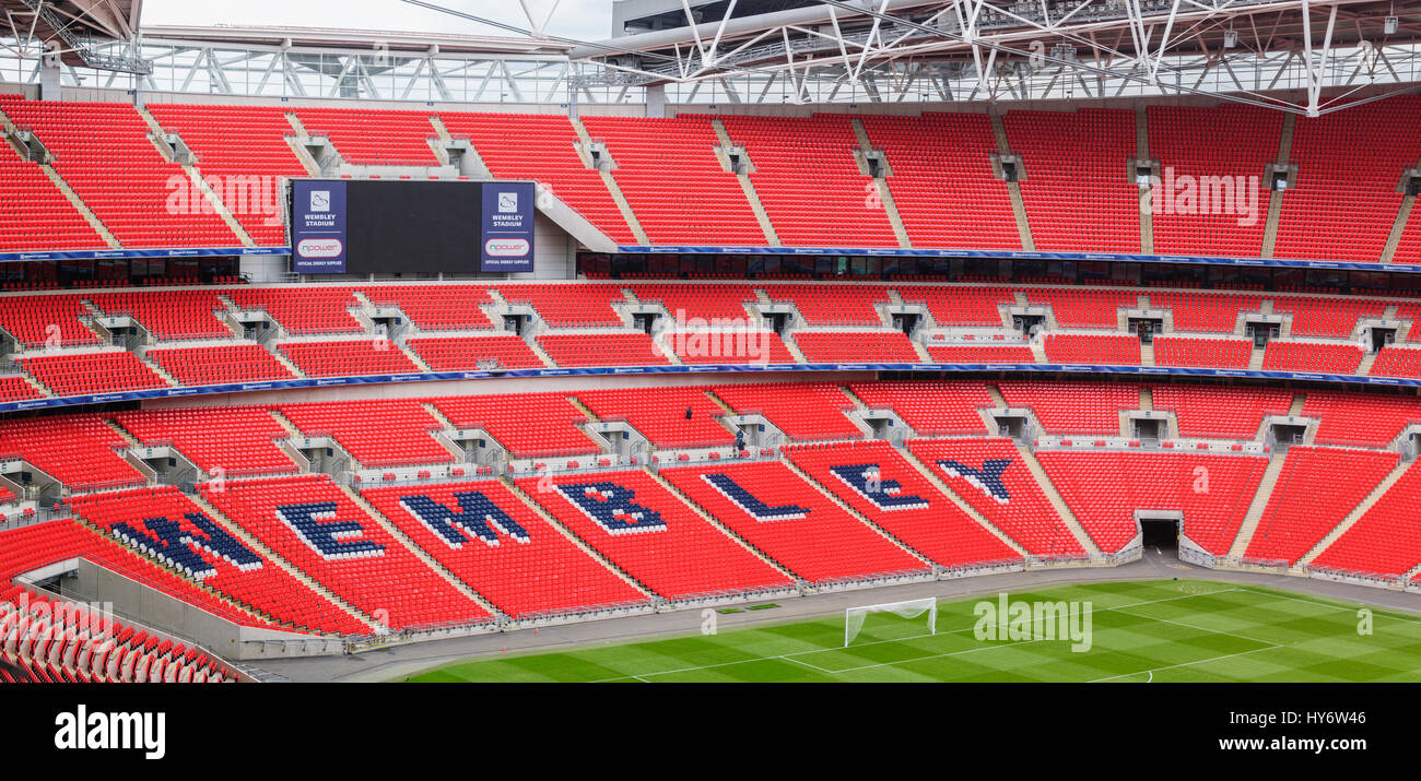 Wembley Stadium seats and field overview Stock Photo