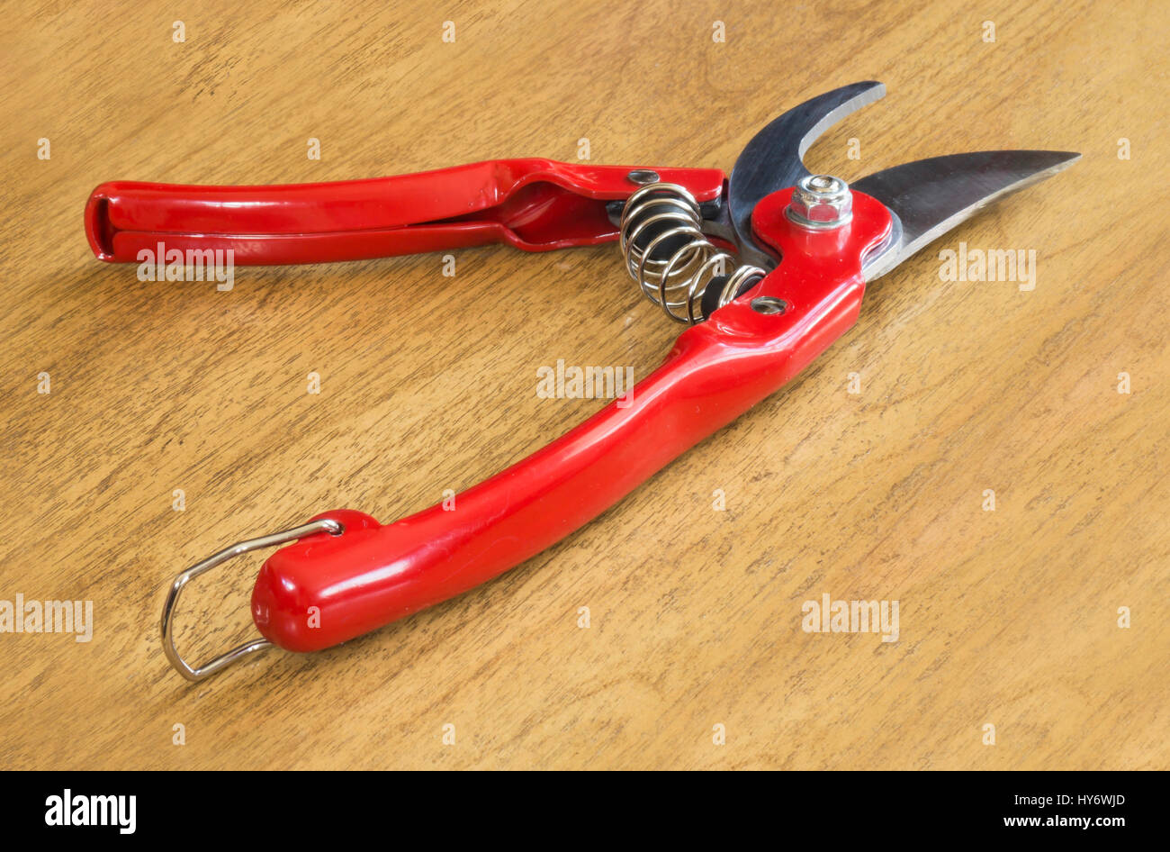 Garden scissors with red handle on background of the wooden table Stock Photo