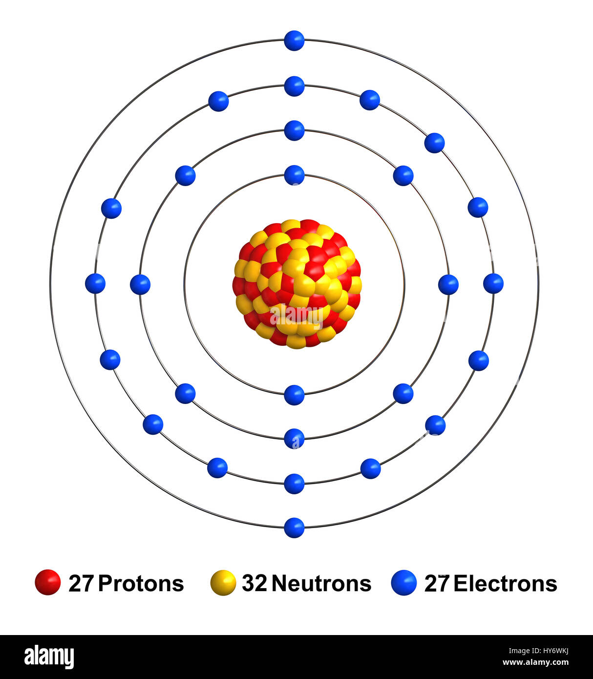 3d render of atom structure of cobalt isolated over white background Protons are represented as red spheres, neutron as yellow spheres, electrons as b Stock Photo