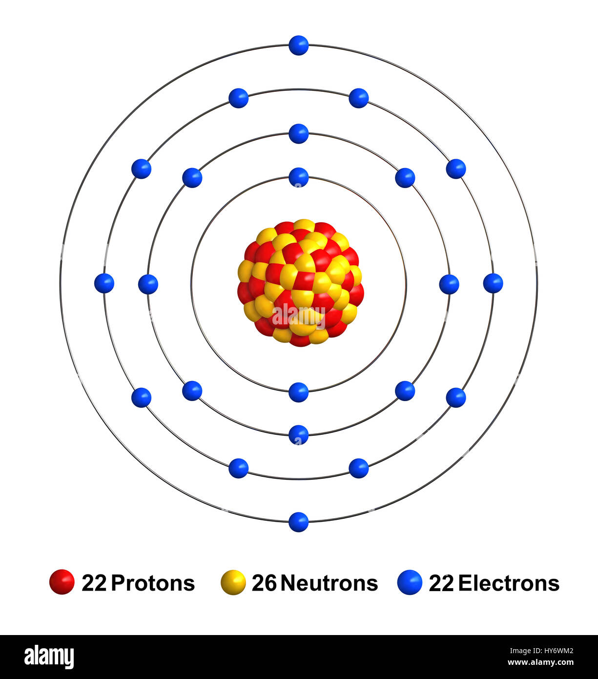 3d render of atom structure of titanium isolated over white background  Protons are represented as red spheres, neutron as yellow spheres, electrons  as Stock Photo - Alamy