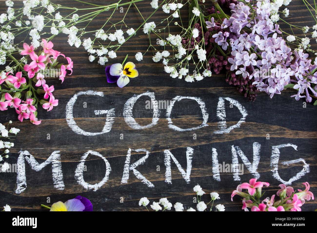 Words Good Morning with Spring Flowers on a Rustic Wooden Background. Stock Photo