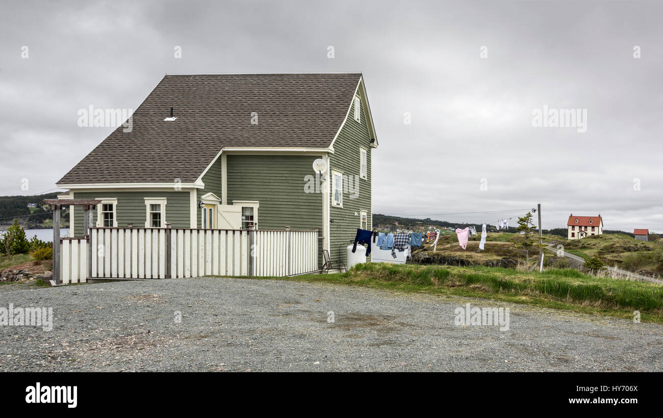 Salt box houses and laundry line, Trinity, Newfoundland Stock Photo Alamy