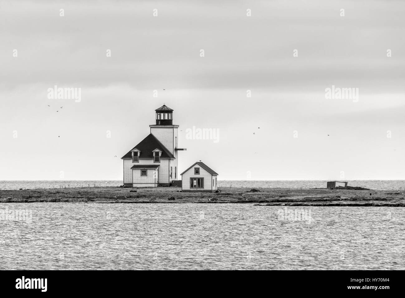Abandoned lighthouse, Flowers Island, Flowers Cove, Newfoundland BW