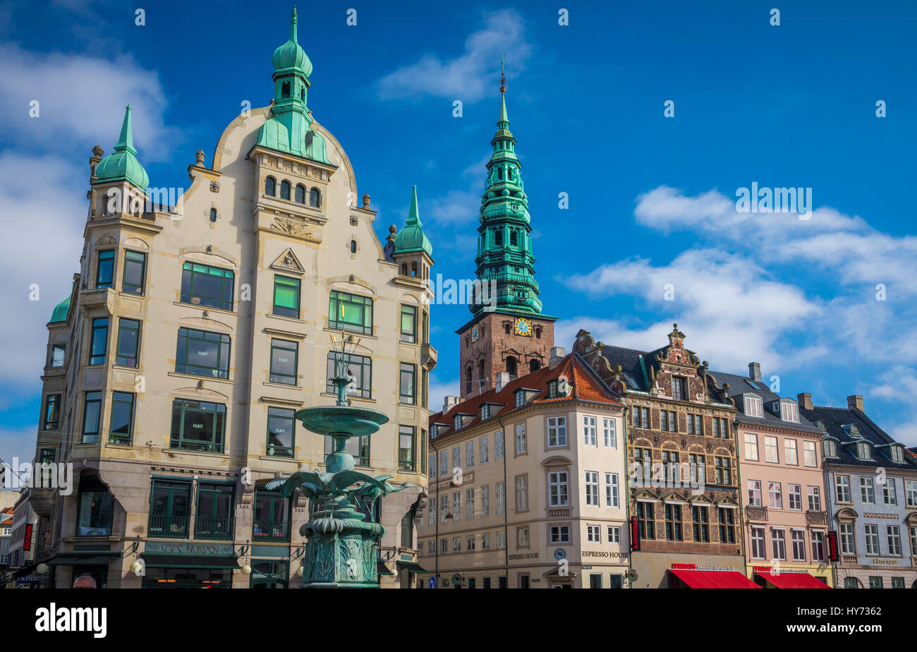 Amagertorv (English: Amager Square), today part of the Strøget pedestrian zone, is often described as the most central square in central Copenhagen. Stock Photo