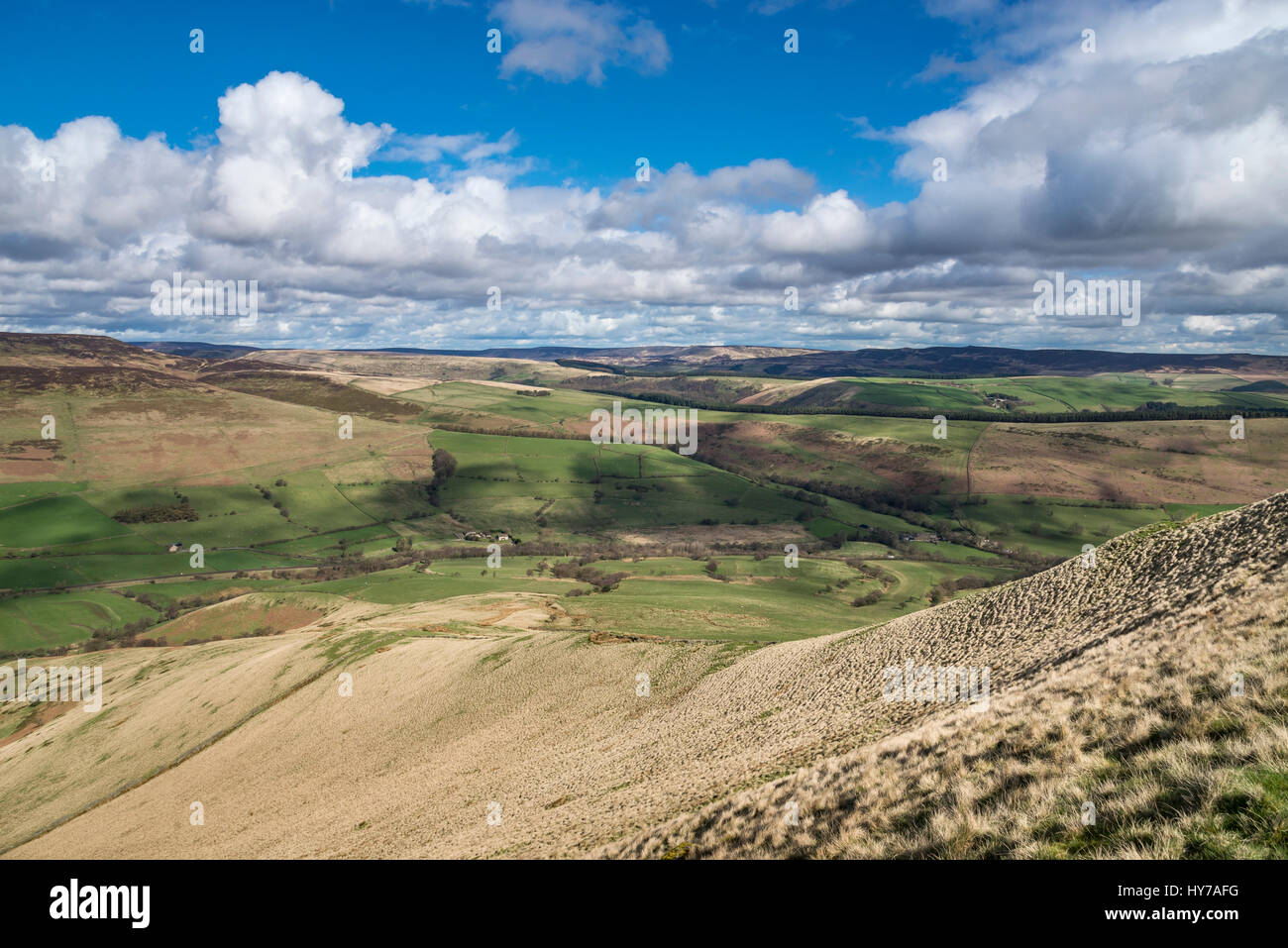 Beautiful view of Peak District hills from Lose Hill near Castleton, Derbyshire, England. Looking down into the Vale of Edale. Stock Photo