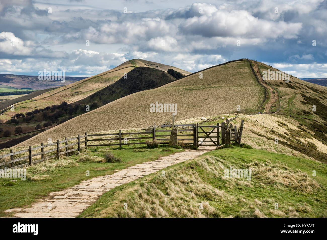 Paved path on the ridge walk from Mam Tor to Lose Hill in the Peak District, Derbyshire, England. Stock Photo