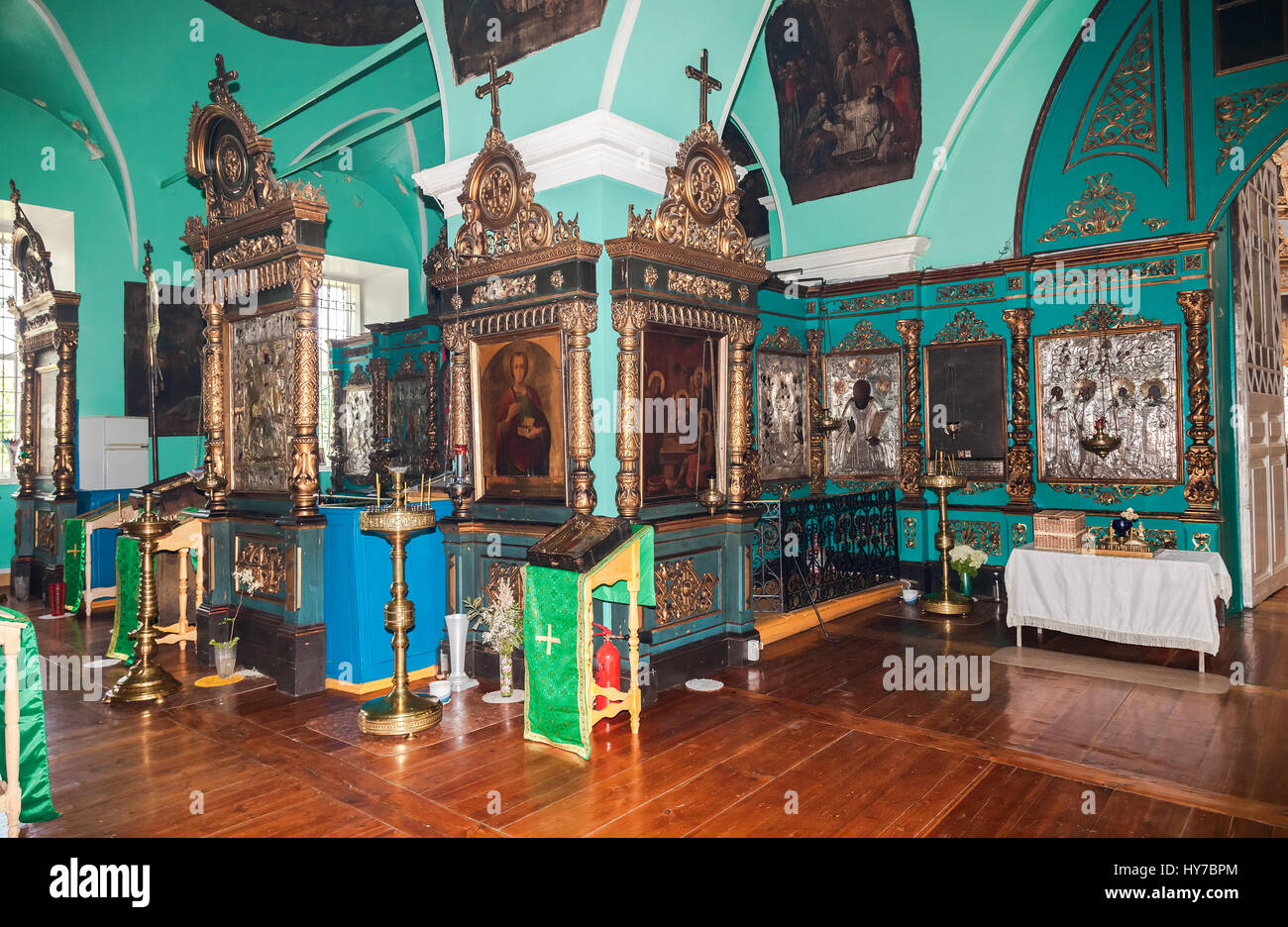 TVER REGION, RUSSIA - JULY 12, 2014: Interior of the Church of the Holy Face in the village Mlevo. Ancient orthodox icons in the church. Church was fo Stock Photo