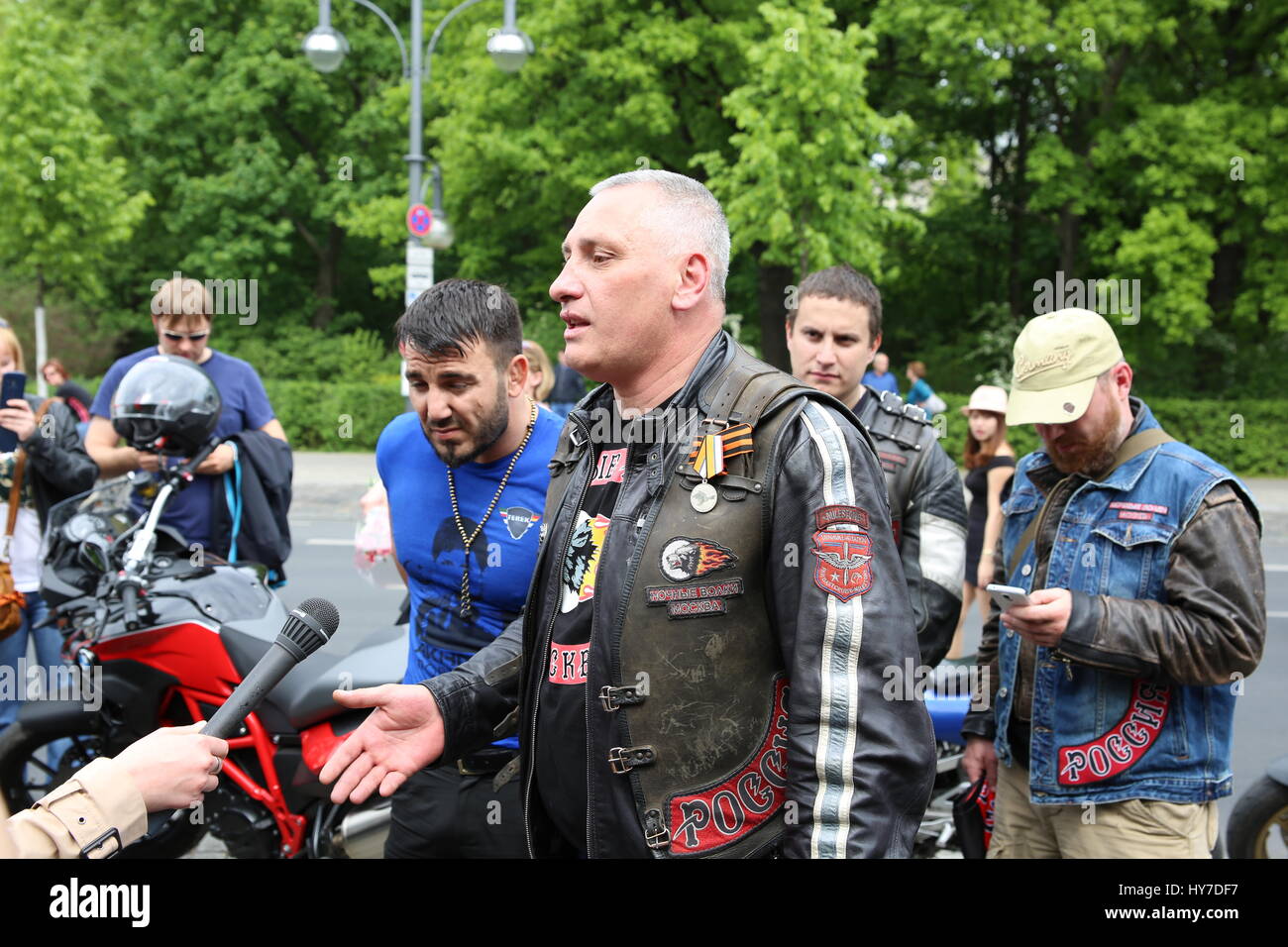 Berlin, Germany, May 9th, 2015: 'Nightwolves' Russian biker club members arrive to commemorate 70th anniversary of the end of World War 2. Stock Photo