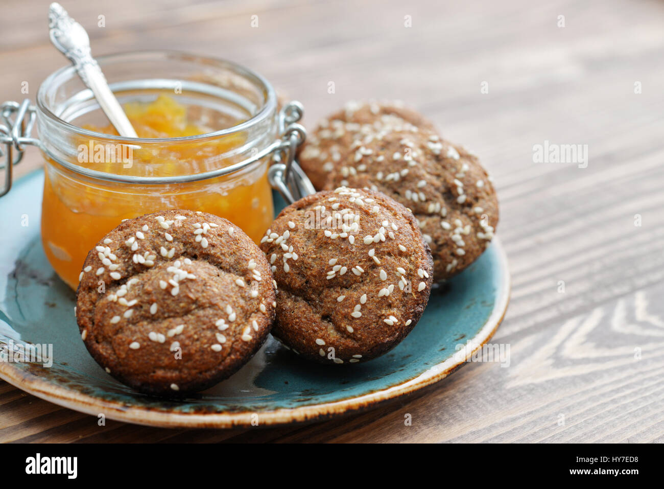 Protein muffin (without flour) with sesame and sugar free apricot jam