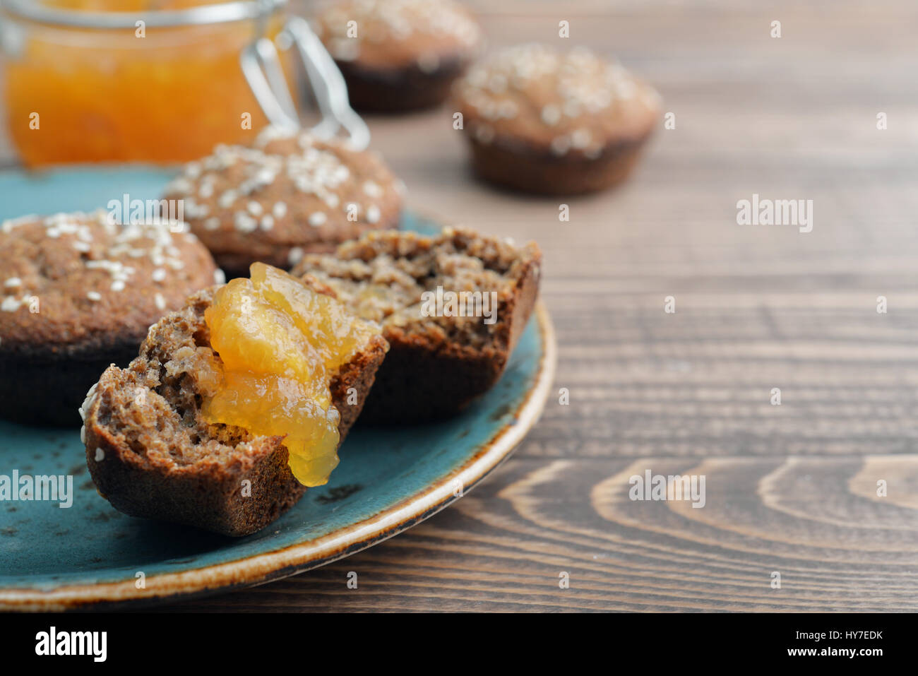 Protein muffin (without flour) with sesame and sugar free apricot jam