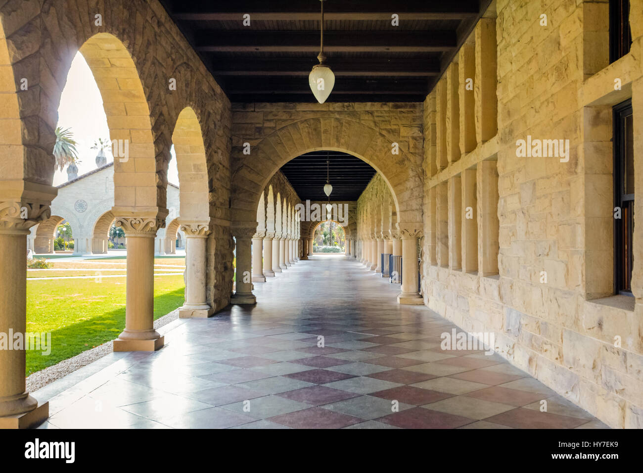 PALO ALTO, USA - January 11, 2017: Arches of Main Quad at Stanford University Campus - Palo Alto, California, USA Stock Photo