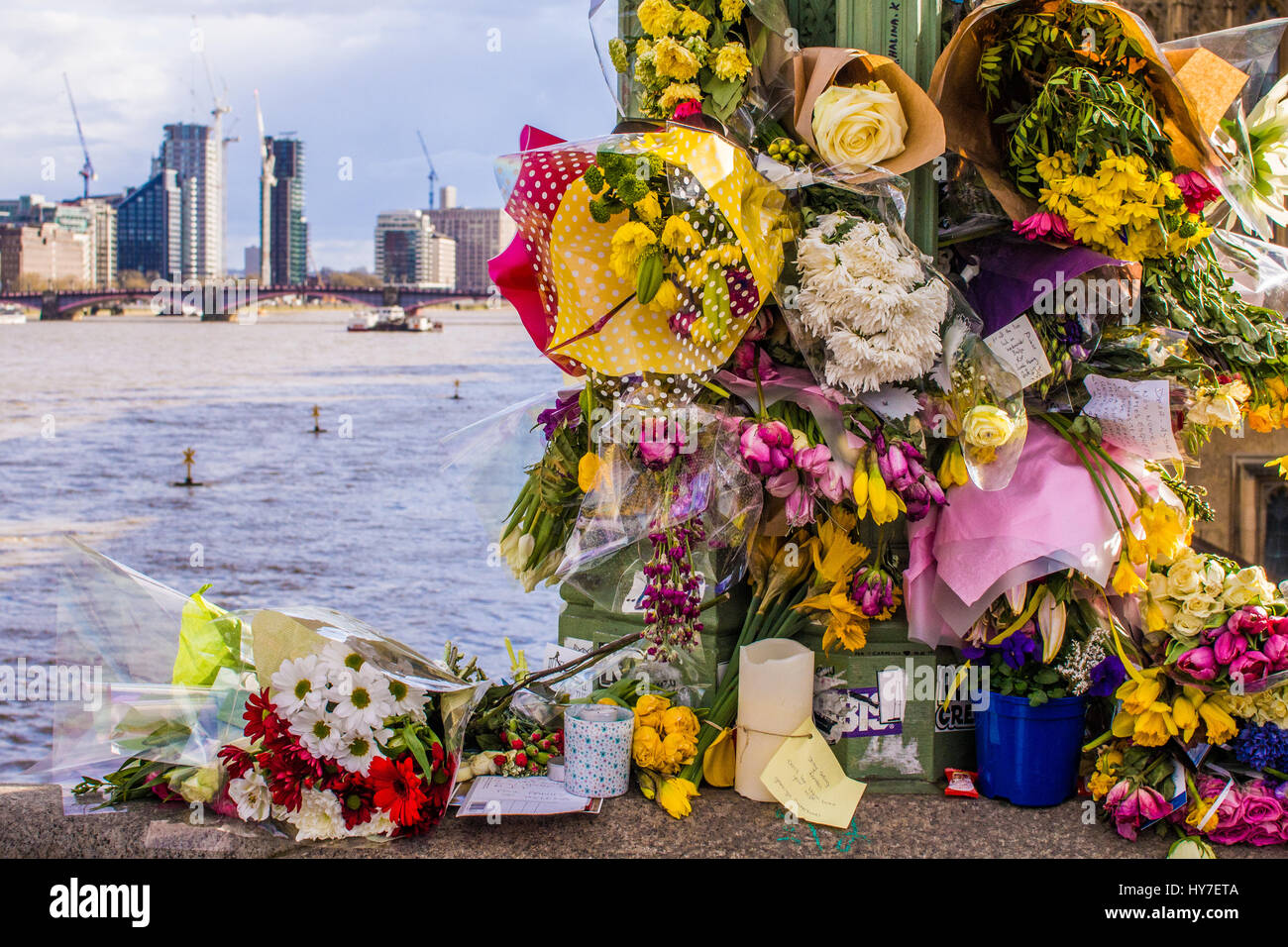 Floral tribute on Westminster Bridge in London after terrorist attack in March 17. Picture Apr 17. Stock Photo