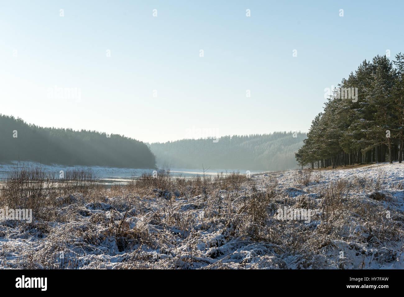 beautiful snowy winter landscape with trees and blue sky Stock Photo ...