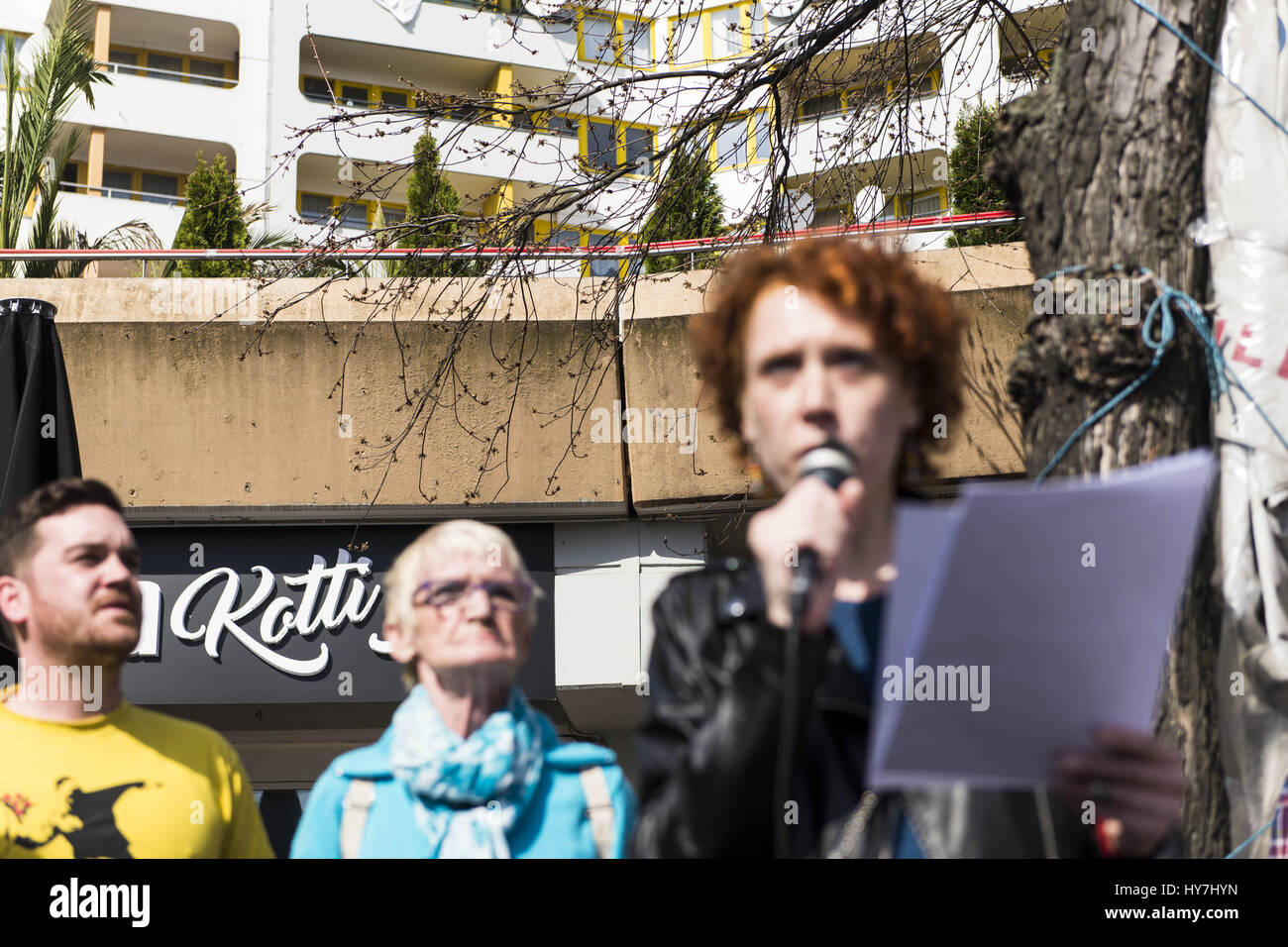 Berlin, Berlin, Germany. 1st Apr, 2017. Residents rally against the sale of ''Neue Kreuzberger Zentrum'' (NKZ) at the Kottbusser Tor to a private, allegedly international real estate investor. Around 1200 people live in 295 rental properties in the building, it was opened as a model project in 1974, it soon became a social focal point. Credit: Jan Scheunert/ZUMA Wire/Alamy Live News Stock Photo