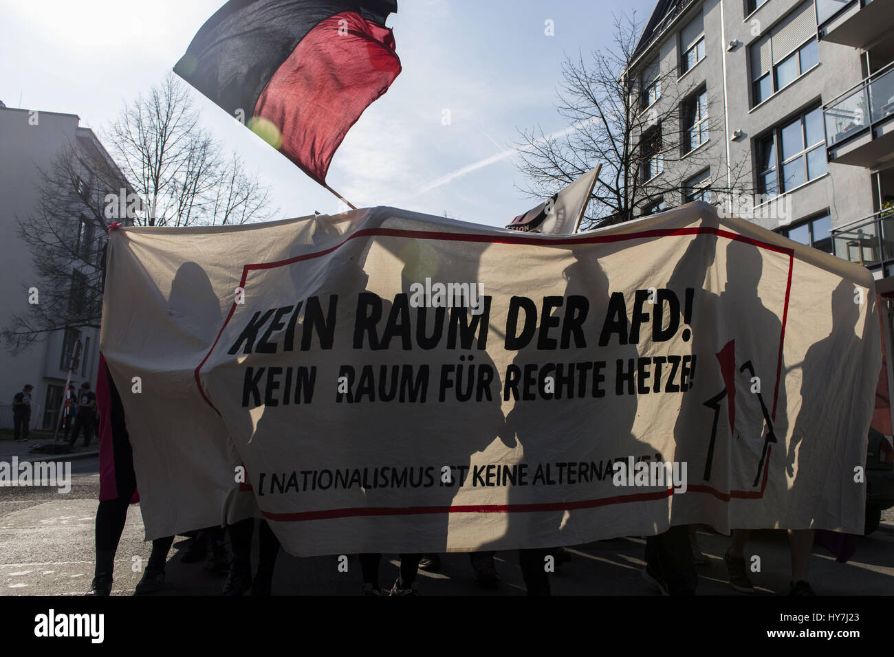 Berlin, Berlin, Germany. 1st Apr, 2017. Several hundred anti-fascists rally under the slogan 'Kein Raum der AfD! Kein Raum fÃ¼r rechte Hetze!' against the Alternative for Germany (German: Alternative fÃ¼r Deutschland, AfD) is a right-wing populist and Eurosceptic] political party in Germany in Berlin Weissensee. Credit: Jan Scheunert/ZUMA Wire/Alamy Live News Stock Photo