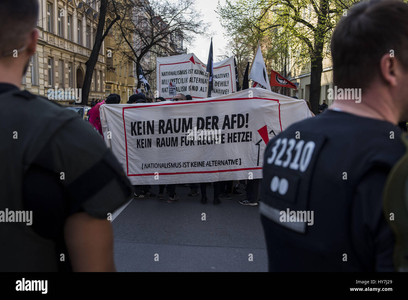 Berlin, Berlin, Germany. 1st Apr, 2017. Several hundred anti-fascists rally under the slogan 'Kein Raum der AfD! Kein Raum fÃ¼r rechte Hetze!' against the Alternative for Germany (German: Alternative fÃ¼r Deutschland, AfD) is a right-wing populist and Eurosceptic] political party in Germany in Berlin Weissensee. Credit: Jan Scheunert/ZUMA Wire/Alamy Live News Stock Photo