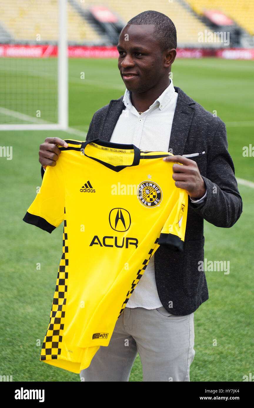 Columbus, Ohio, USA. 1st April, 2017. April 1, 2017:  Newly acquired Kekuta Manneh poses with his jerser before Crew SC takes on Orlando city before their match  at Mapfre Stadium in Columbus, Ohio. Credit: Brent Clark/Alamy Live News Stock Photo