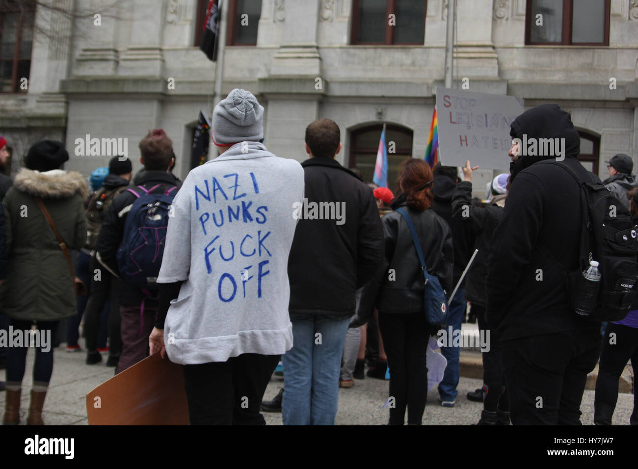 Philadelphia, USA. 1st April, 2017. Protestors rally for transgender rights in anticipation of the arrival of the 'Free Speech Bus,' a tour bus touring the U.S. voicing anti-transgender beliefs, at Philadelphia's City Hall, Saturday, April 1, 2017. Credit: Michael Candelori/Alamy Live News Stock Photo
